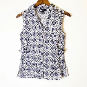 100% Linen Top Button Sleeveless Size Small Navy Patterned Blouse CAROLE LITTLE